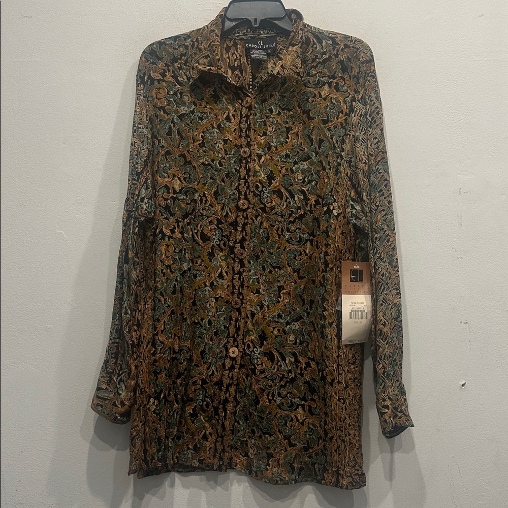Carole Little vintage 90s long sleeve Top blouse floral brown green size 10 NWT - Picture 1 of 9